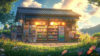 山坡黄昏草坪温馨商店