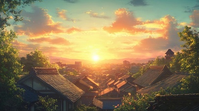 远眺古城村庄落日黄昏