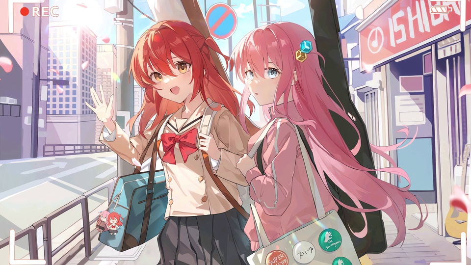 红发校服少女抬手，粉发运动外套少女回头，樱花飘落的都市街道场景。