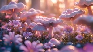粉色梦幻蘑菇花朵森林