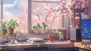 护眼窗外樱花树木带鱼屏