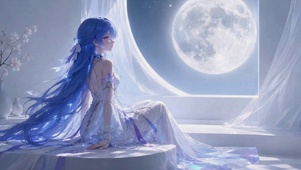 月夜窗边蓝发动漫少女