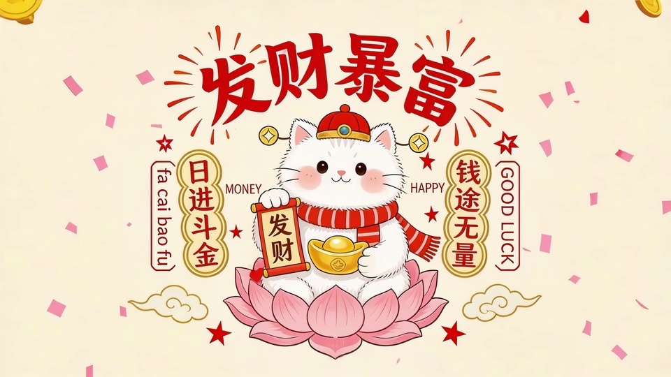 戴红帽围红围巾的白色卡通猫坐在粉色莲花座上，手持写有发财的卷轴与金元宝，背景为浅米黄色，散落金铜钱、红五角星与中式祥云装饰。