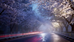 夜晚城市湖边樱花