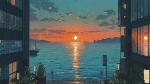 海岸城市傍晚落日余晖