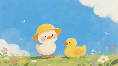 青草地的黄帽鸭伴