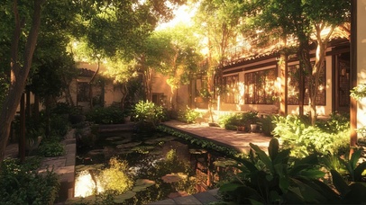 唯美梦幻阳光绿色庭院