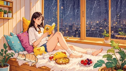 【雨景】窗前看书的少女