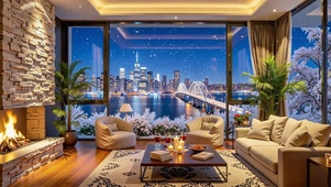 暖冬夜晚江景客厅