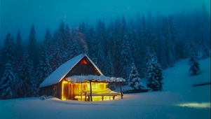 大雪天夜晚树林木屋