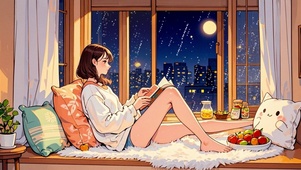 【雨景】夜晚在窗前读书的少女