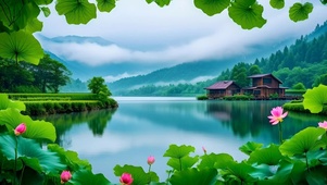 绿色护眼山水荷花小屋