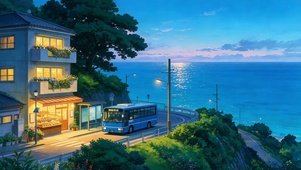 沿海黄昏海边小镇