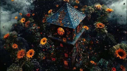 森林秘密花海高塔风景