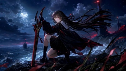 月夜海边持剑少女千咲