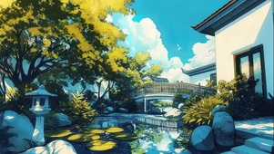 淡雅蓝色夏日园林庭院