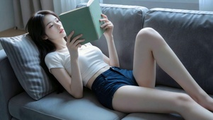 沙发上阅读的清纯少女