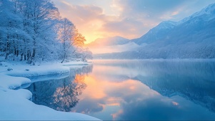 落日冬日积雪湖畔