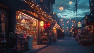圣诞傍晚城市温馨商店
