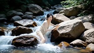 溪流石滩里戏水的美女