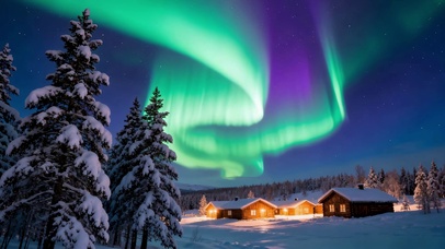 梦幻极光雪地森林夜景