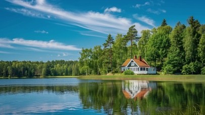 清新自然倒影小屋