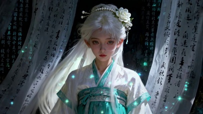 青纱水墨古风银发萝莉少女私语