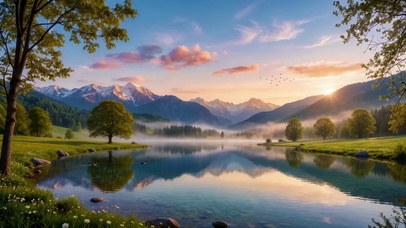 晨雾湖山景
