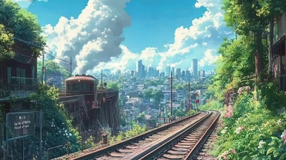 蓝天白云城市铁路风景