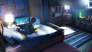 男孩在床上看书