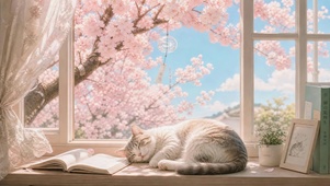 樱花窗前的慵懒小猫
