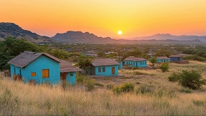落日山坡特色蓝色小屋