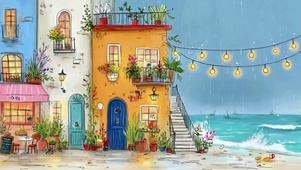 雨天里的海边童话镇