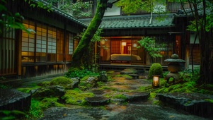 雨天幽静庭院木屋
