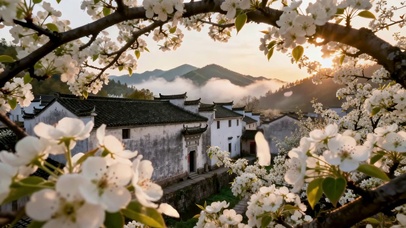 梨花环绕徽派古村春日晨景