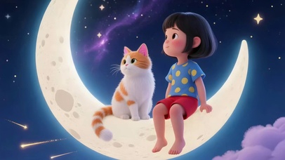 月亮上的女孩和猫咪