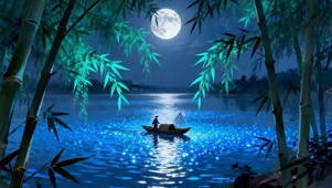 月光下蓝色湖水