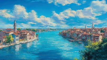 夏日蓝天海港城市河道