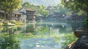 朦胧春日池塘树下建筑