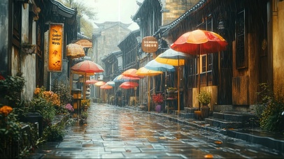 古镇雨天静谧唯美街道