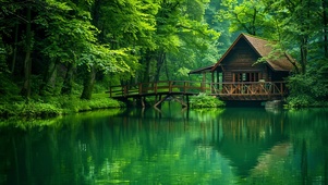 唯美的湖边小屋风景