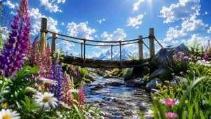 晴空花海溪流远山治愈风景
