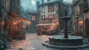 静谧法国乡村夜晚喷泉