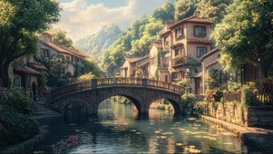 静谧古镇绿色夏日溪流