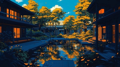 静谧蓝天庭院池塘建筑