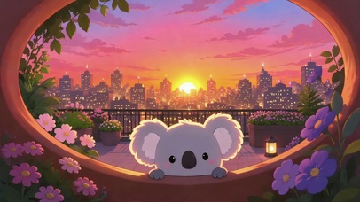 可爱考拉阳台眺望日落城市