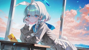 窗边晚霞下的阿罗娜