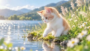 河畔治愈可爱橘小猫