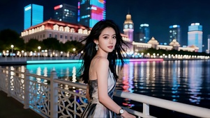  江边夜景映衬下的长发美女2