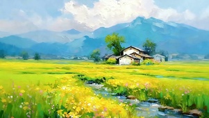 油画树木河流
